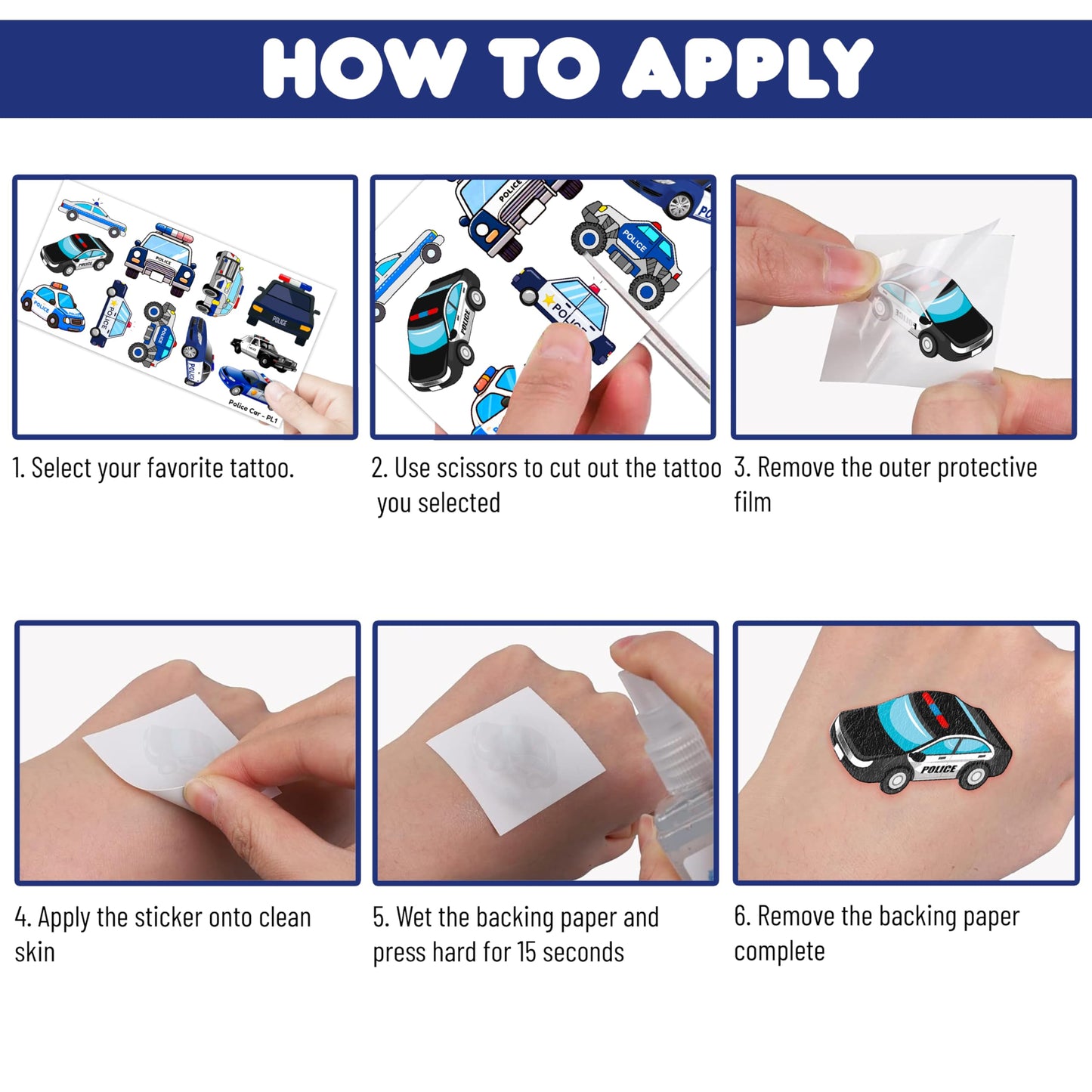 107 PCS Police Car Party Favors Temporary Tattoos Themed Decorations Décor police birthday party supplies Officer Policeman Blue Tattoo Stickers Gifts For Boys Girls Class Prizes Rewards Cartoon
