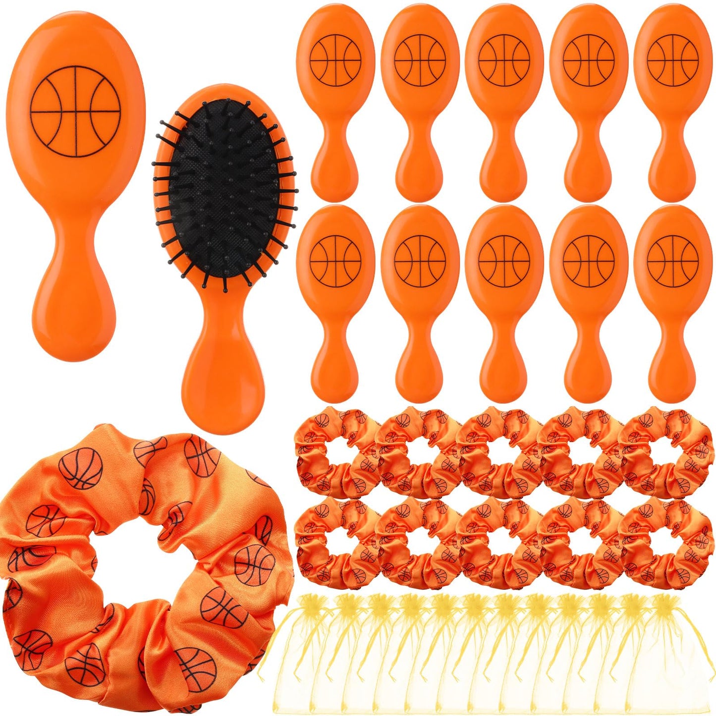 FineCheer 12 Sets Basketball Hair Ties and Hairbrushes Basketball Hair Scrunchie Mini Detangler Brush Sports Elastic Ponytail Holders Sports Party Favors Gift for Teams Women Girls Athlete
