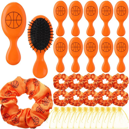 FineCheer 12 Sets Basketball Hair Ties and Hairbrushes Basketball Hair Scrunchie Mini Detangler Brush Sports Elastic Ponytail Holders Sports Party Favors Gift for Teams Women Girls Athlete