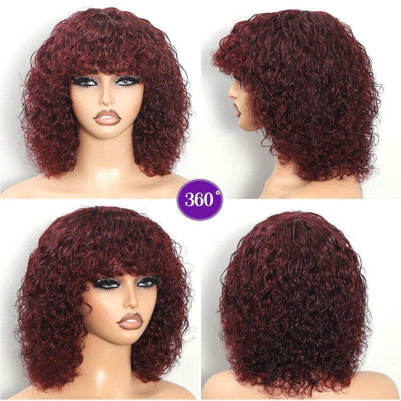 REMESSE Short Curly Bob Wig Human Hair With Bangs Short Curly Human Hair Wig For Black Women Glueless 250% Density Short Water Wave Human Hair Wig With Bangs 99J 10Inch