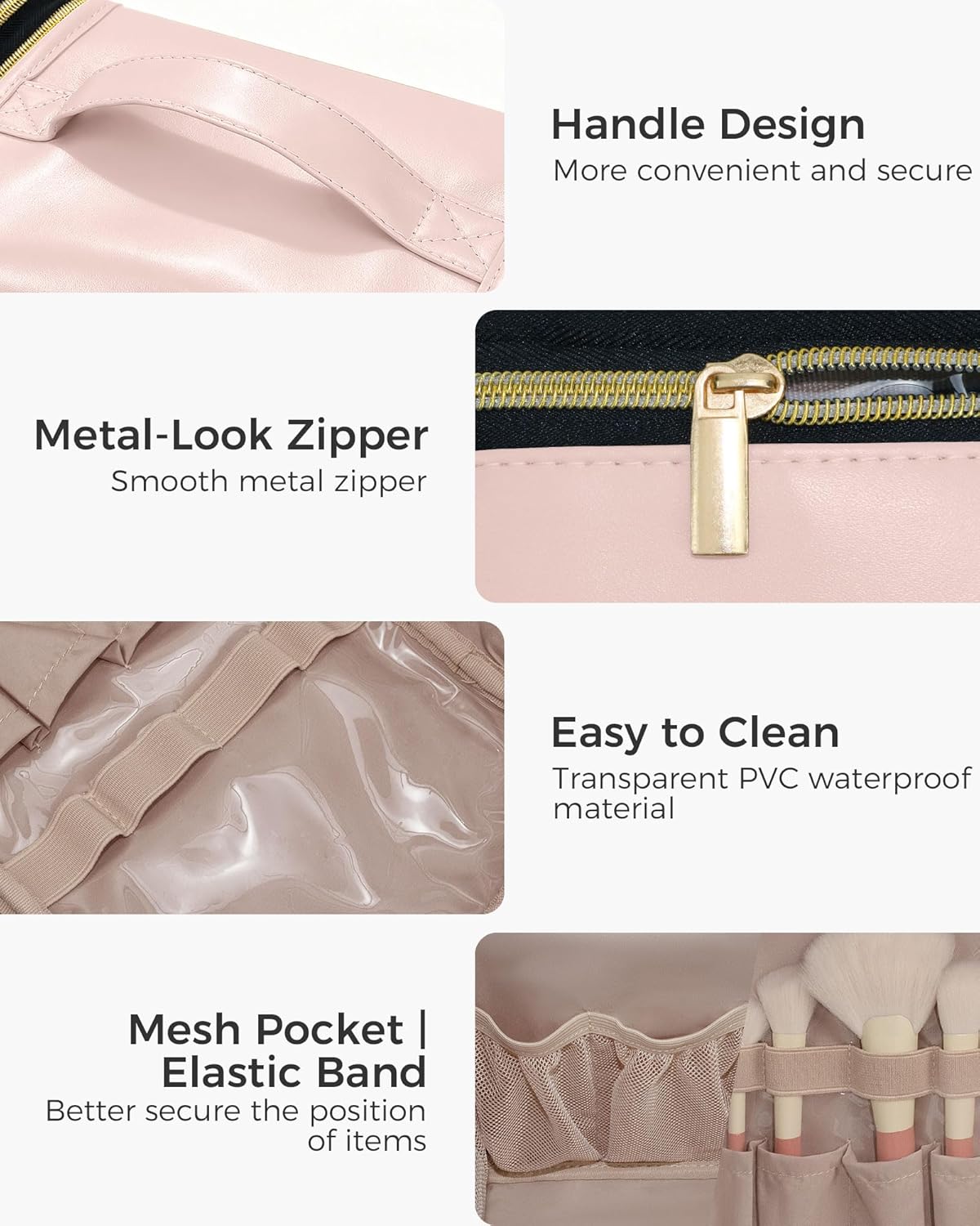 Large Capacity Hanging Toiletry Bag - PU Leather Makeup Organizer with Jewelry Compartment | Pink