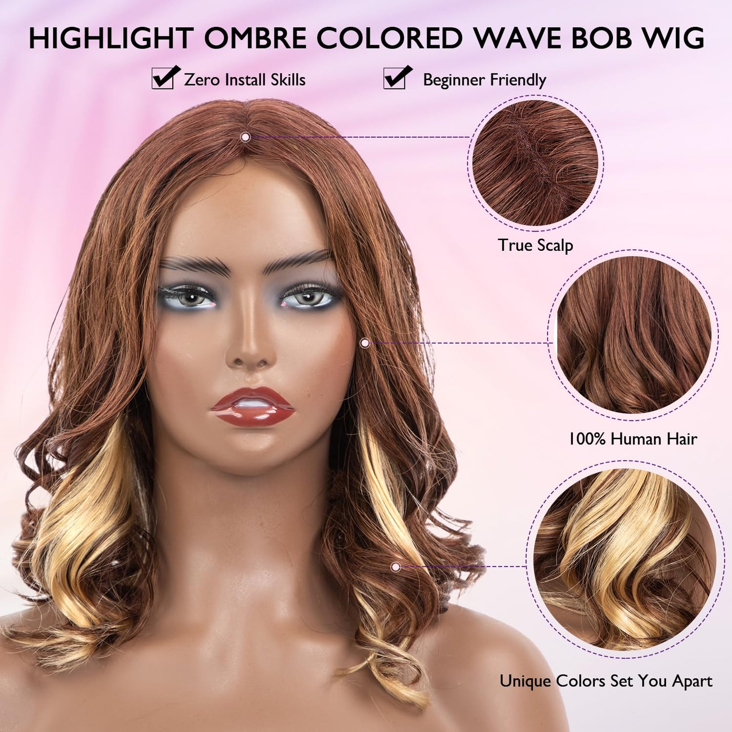 JIAJIA TERESA Glueless Short Body Wave None Lace Wigs Human Hair with Blonde Highlight Pre Plucked 1.5 * 9 Realistic Look HD Lace Glueless Wigs 12Inch Wave Bob Wig Human Hair For Women