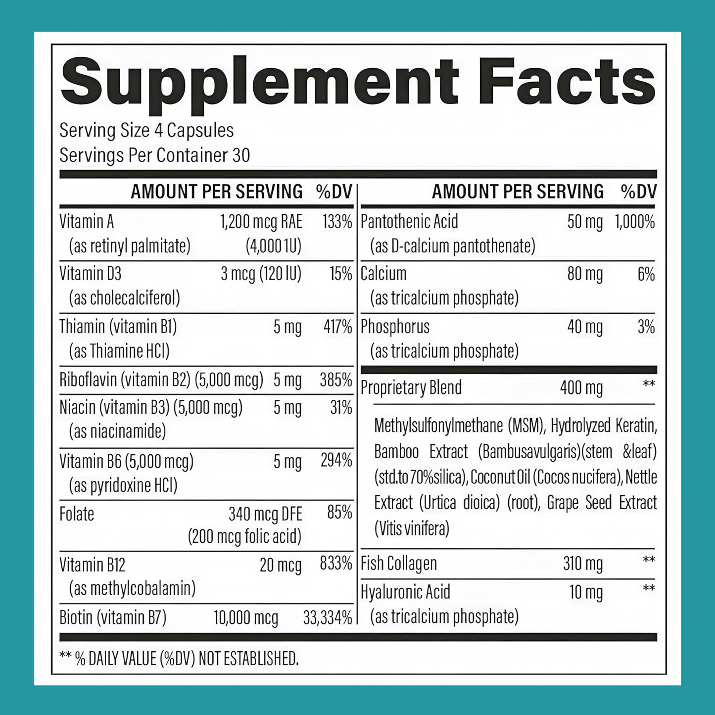 Biotin 10,000 Mcg Hair Growth Vitamins for Women | Collagen, Keratin, Msm & Bamboo Silica | Advanced Hair Skin & Nails Supplement | Supports Thicker Fuller Looking Hair | 120 Capsules