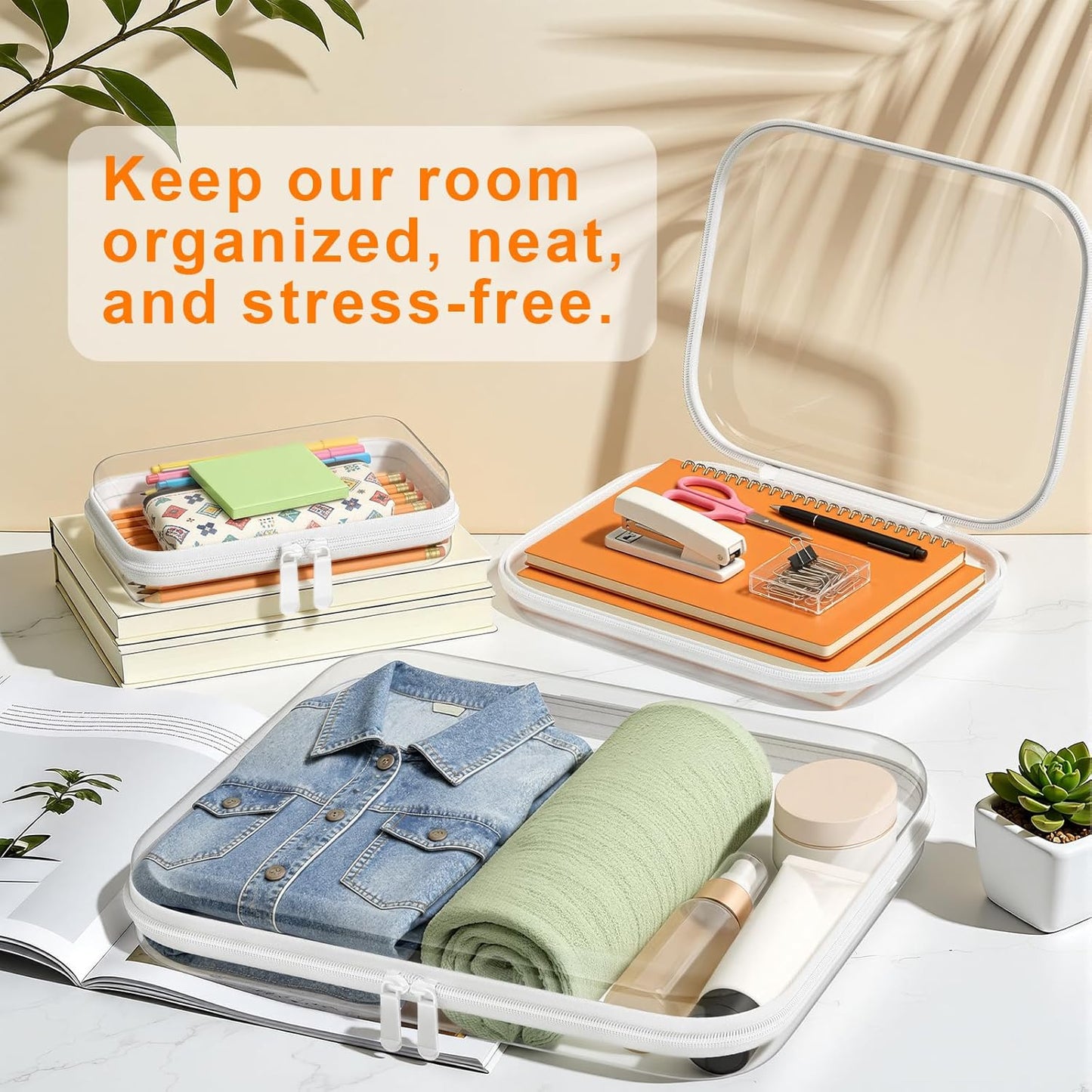 Clear Hard Shell Zipper Case Set - 3PCS Toy & Cosmetic Organizers | Medium Stackable Travel Bags 9.85x7.9x2 IN