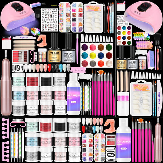 Major Dijit Acrylic Nail Kit with LED Lamp & Electric Drill - 12 Colors Acrylic Powder Monomer, Base/Top Coat, Tips/Glitter/Nail Charms | Nail Kit for Beginners with Everything