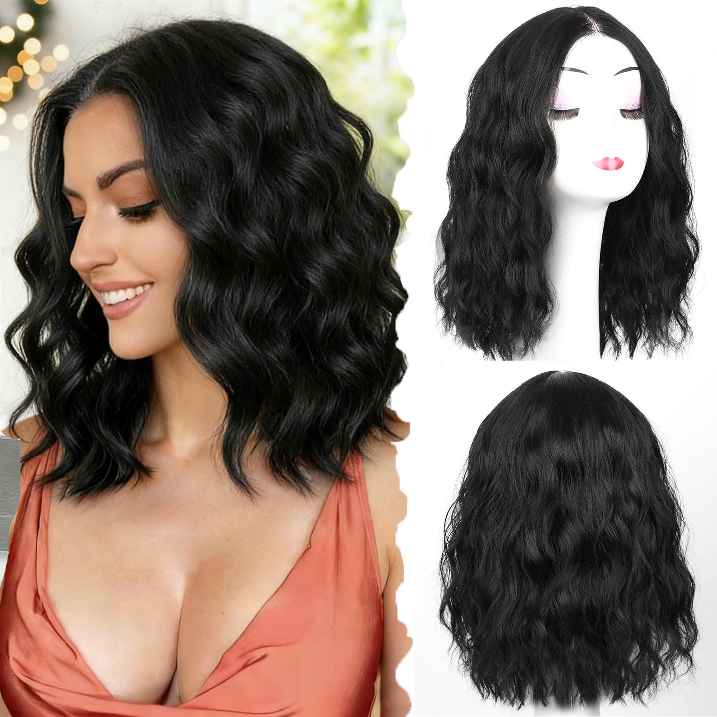 Black Wig for Women Pre Cut Hand-Tied Lace Short Wigs for Women Wavy Natural Hairline Middle Part Hair Replacement Wigs for Beginners 14 Inch Natural Bob Style Synthetic Wig 3 Seconds Wear for Daily