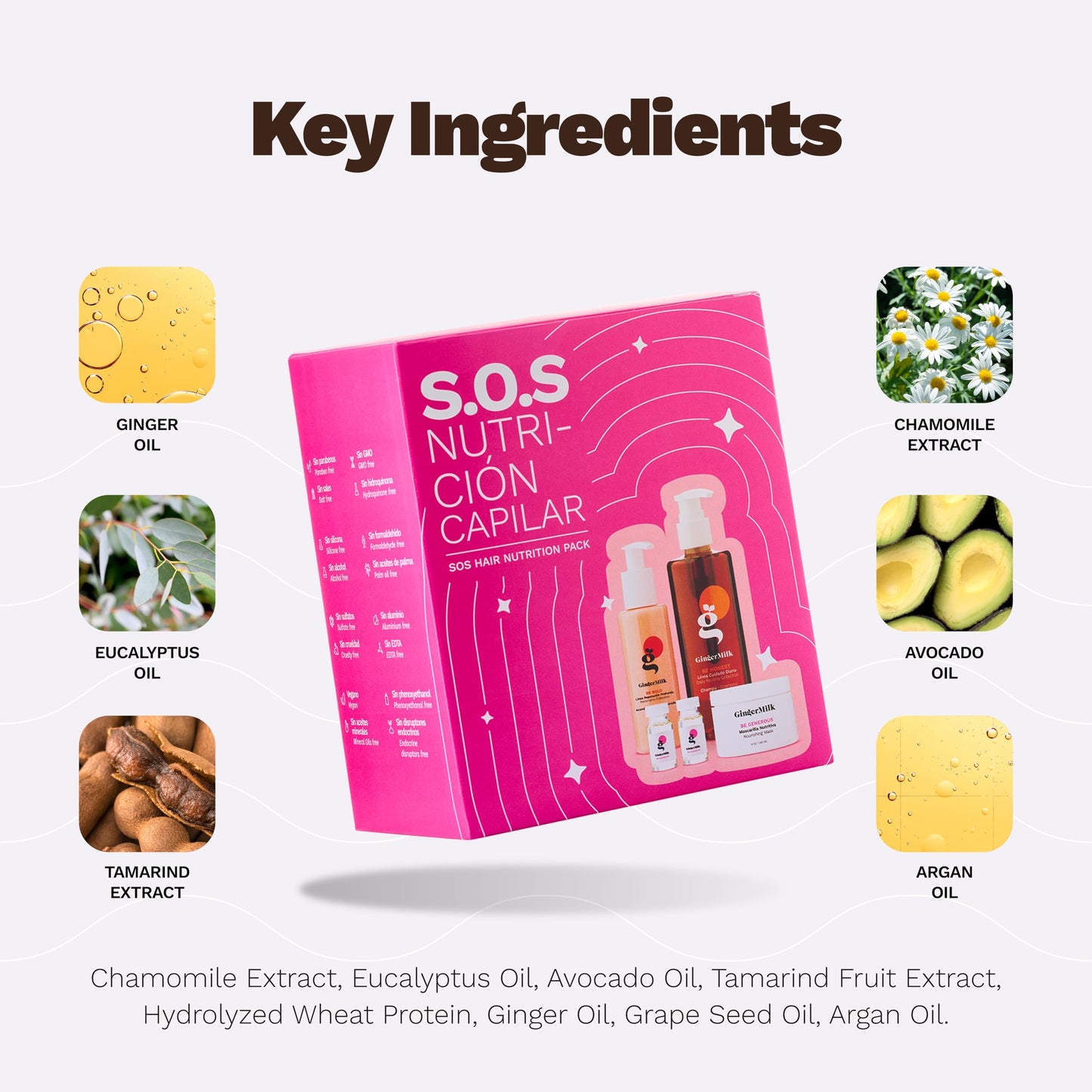 Hair Nourishment Pack SOS by GINGER MILK, Vegan Hair Care Set with pH-Balanced Shampoo 8.5oz, Hair Mask 8oz, Leave-in 4oz & 3 Ampoules | Weak Hair: Nourish, Shine, Strength, Noticeable Results Soon