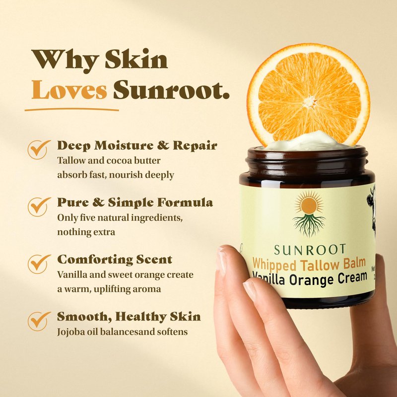 Sunroot Naturals Whipped Tallow Balm, Vanilla Orange Cream Moisturizer, Natural Ingredients, 4oz Glass Jar, Face and Body Care