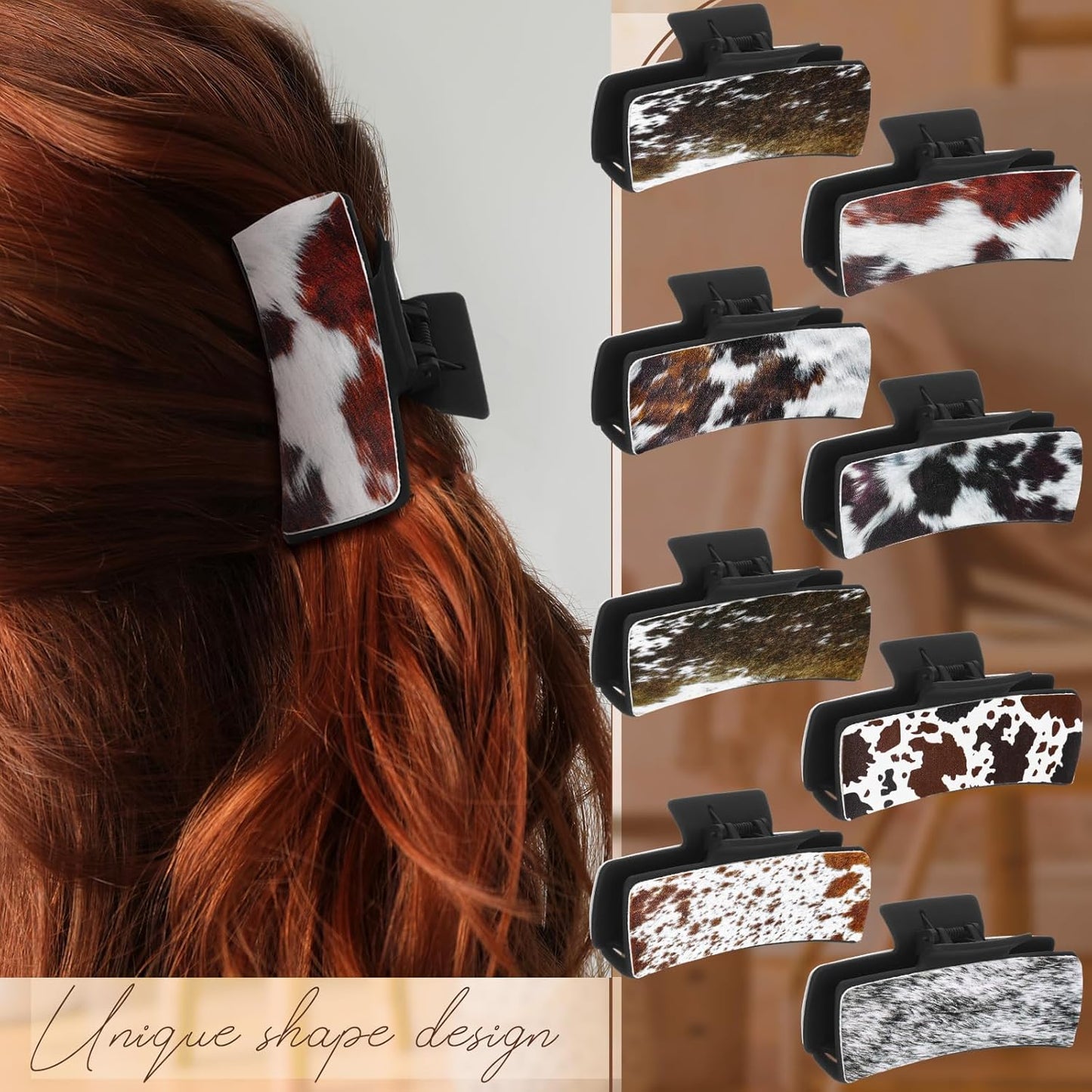 Western Hair Claw Clips - 8 Pcs Cow Print Leather Accessories | Perfect Gift for Girls & Women