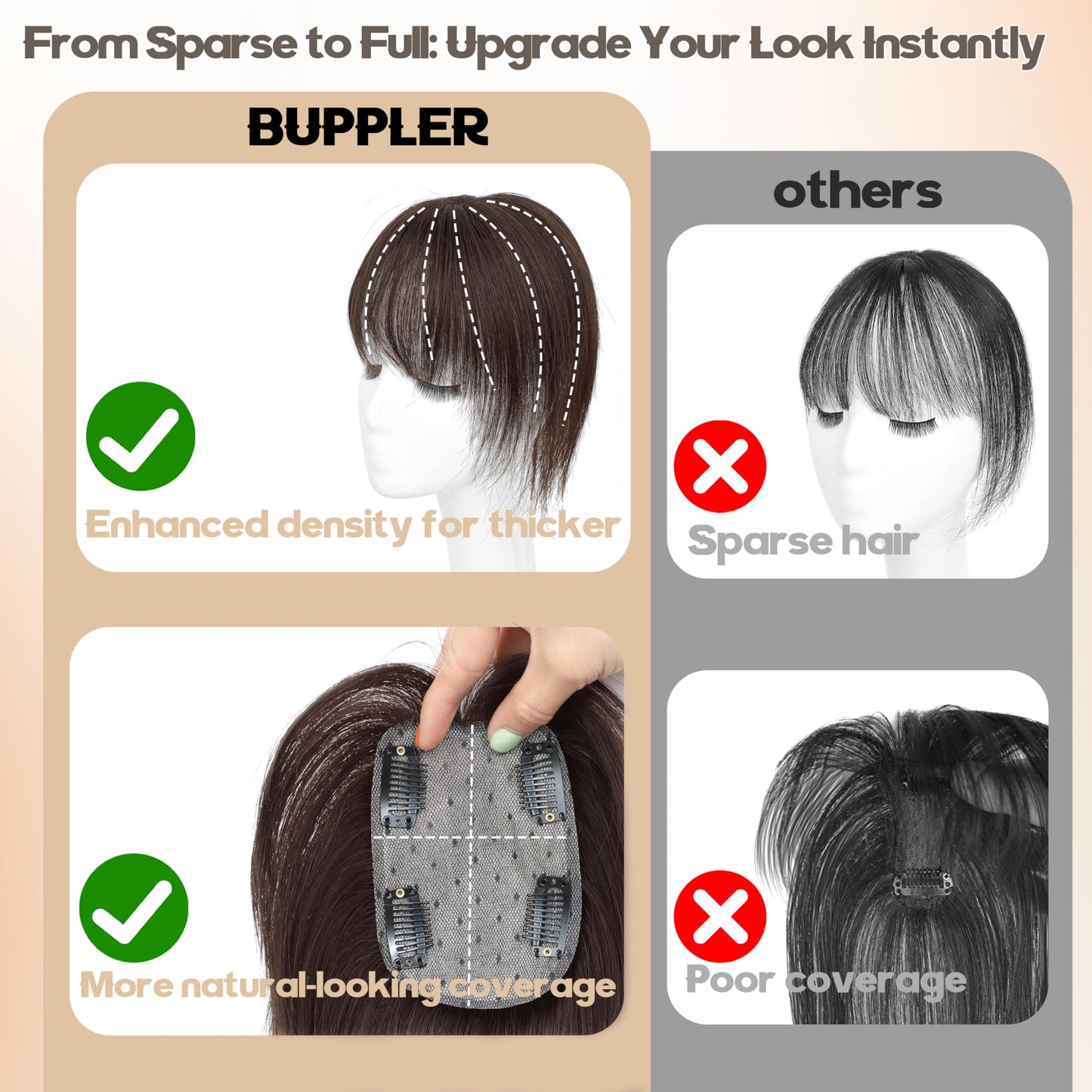 BUPPLER Hair Toppers for Women Real Human Hair-U Shape Toppers Hair Pieces for Women with Thinning Hairr 150% Density Silk Base Clip in Human Topper with Bangs for Daily Use(Dark Brown