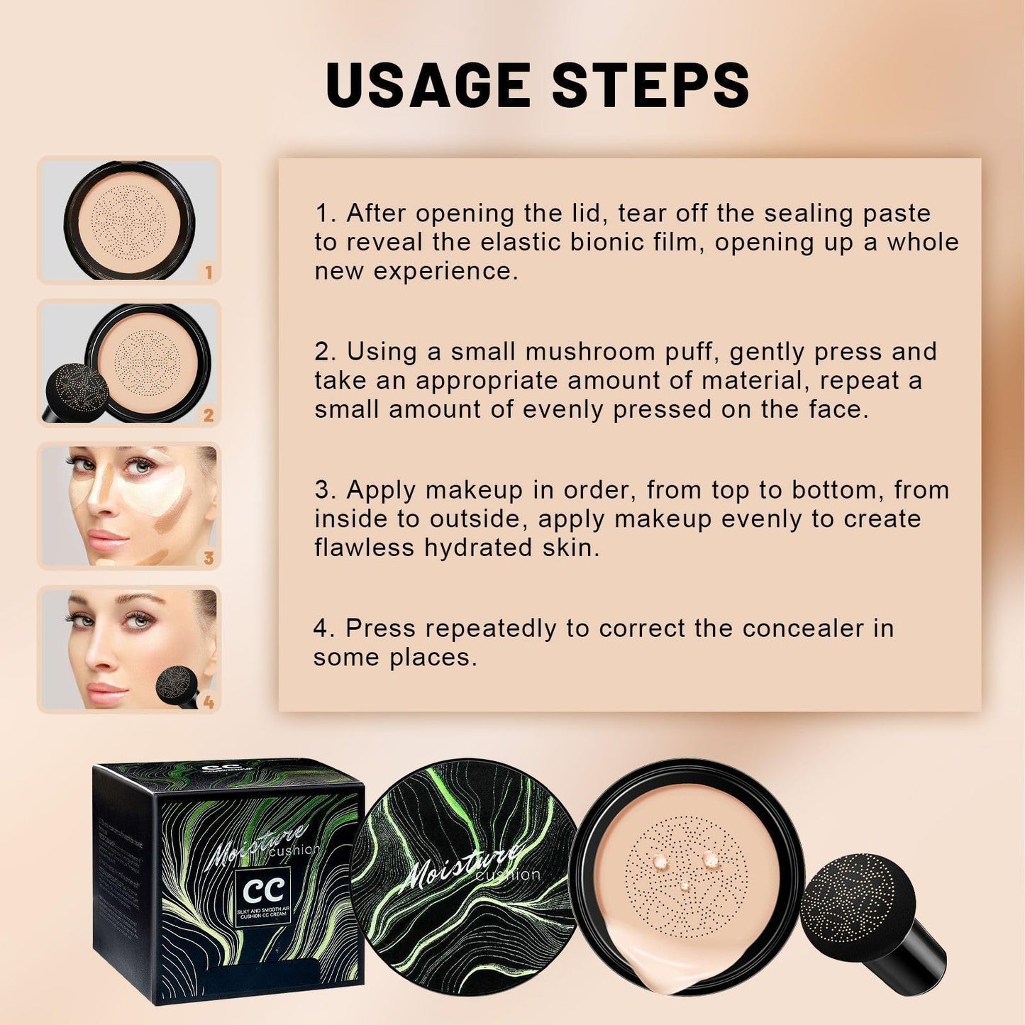 Air Cushion CC Cream Mushroom Head Foundation, Moisturizing BB Cream Concealer, Long-Lasting & Waterproof Makeup Base Primer, Even Skin Tone for All Skin Types (Natural)
