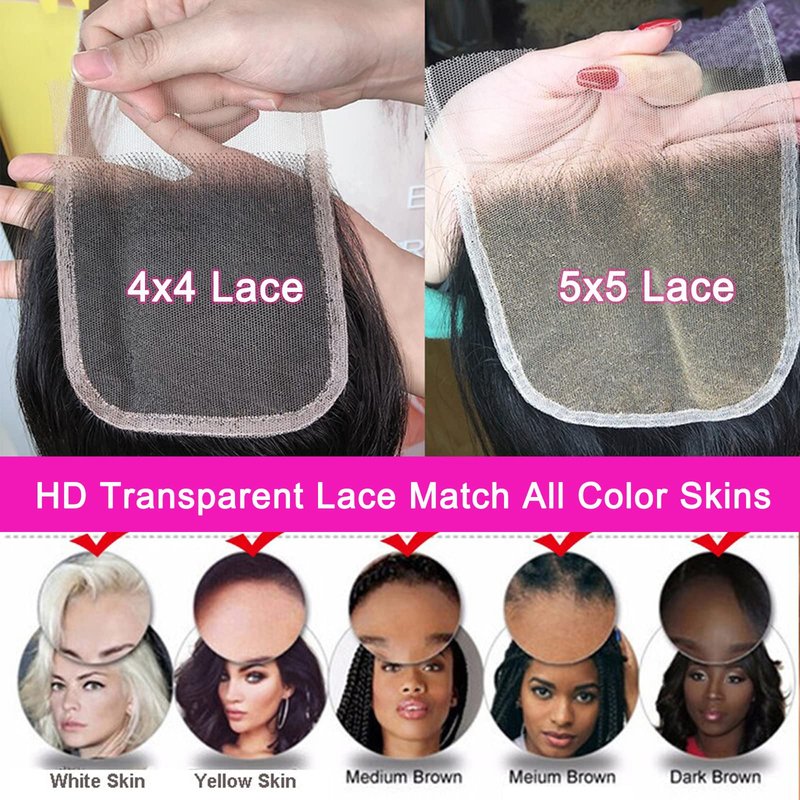 Lemoda 5x5 Closure Body Wave HD Transparent Lace Closure 12A Brazilian Virgin Human Hair Closure Pre Plucked with Baby Hair Natural Black 14 Inch
