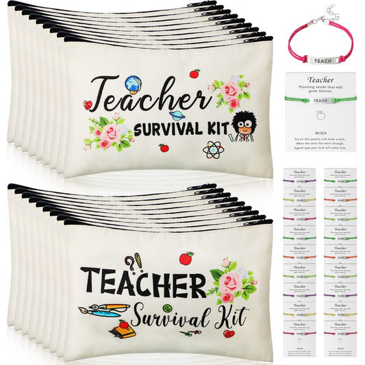 Frienda 36 Pieces Teacher Appreciation Present Set, 18 Survival Kit Makeup Pouch Bag Pencil Bag, 18 Teacher Blessing Card Bracelet, Cosmetic Bag Kit for Teacher's Day, Elegant Style, 9.1 x 5.9 Inch