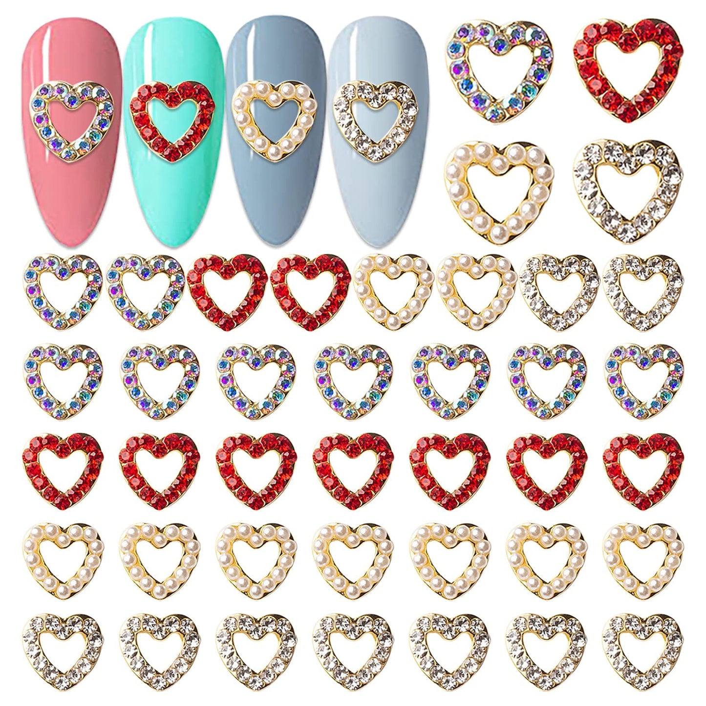 WOKOTO 40 Pcs 3D Hearts Nail Jewelrys for Nails Gold Alloy Hearts Nail Charms with Rhinestones Or Pearls for Nail Art 3D Hearts Nail Gems and Rhinestones Nail Hearts Charms for Nails Accessory