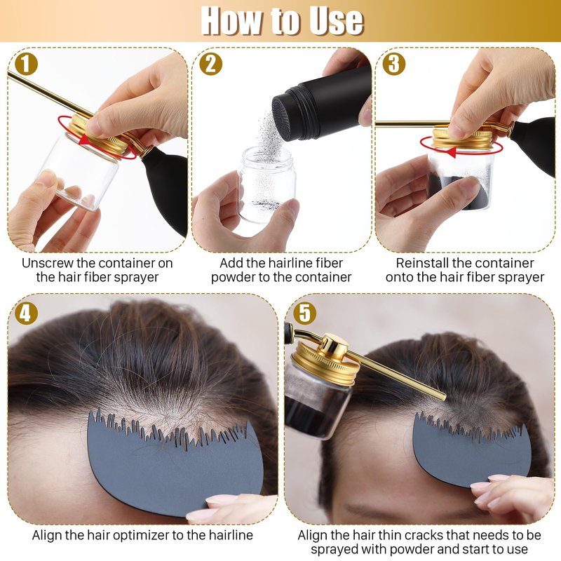 Hohean Hair Building Fiber Spray with Hairline Optimizer, Hair Fibers Spray for Hair-building, Portable Fiber Powder with Nozzle, Hairline Building Powder Accessory(Gold)