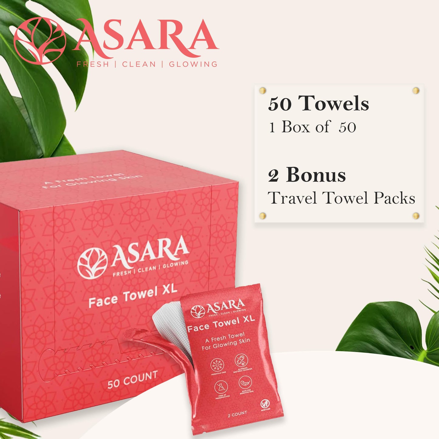 Clean Face Towels Disposable XL Facial Wipes | Add Water As a Makeup Remover | Sensitive Skin Face Towels | Organic Vegan Biodegradable - Clean Daily Towelettes | by Asara (50 Count)