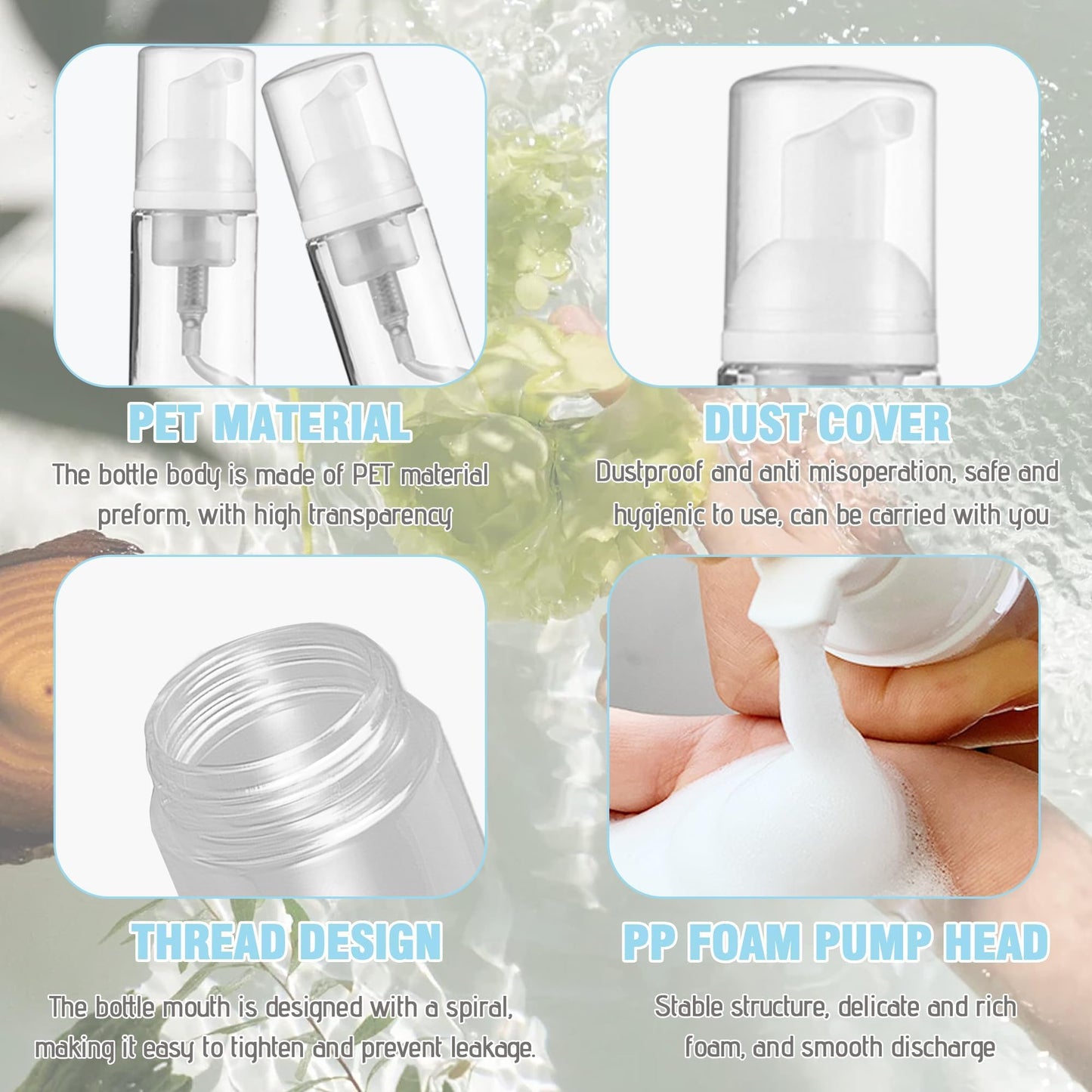 50 Pcs Foam Pump Bottle 1 oz Small Size Mousse Foam Soap Dispenser,Clear Plastic Empty Refillable Mini Foam Pump Bottle for Face Wash Shampoo Skin Care with 160 Labels（30 ml）