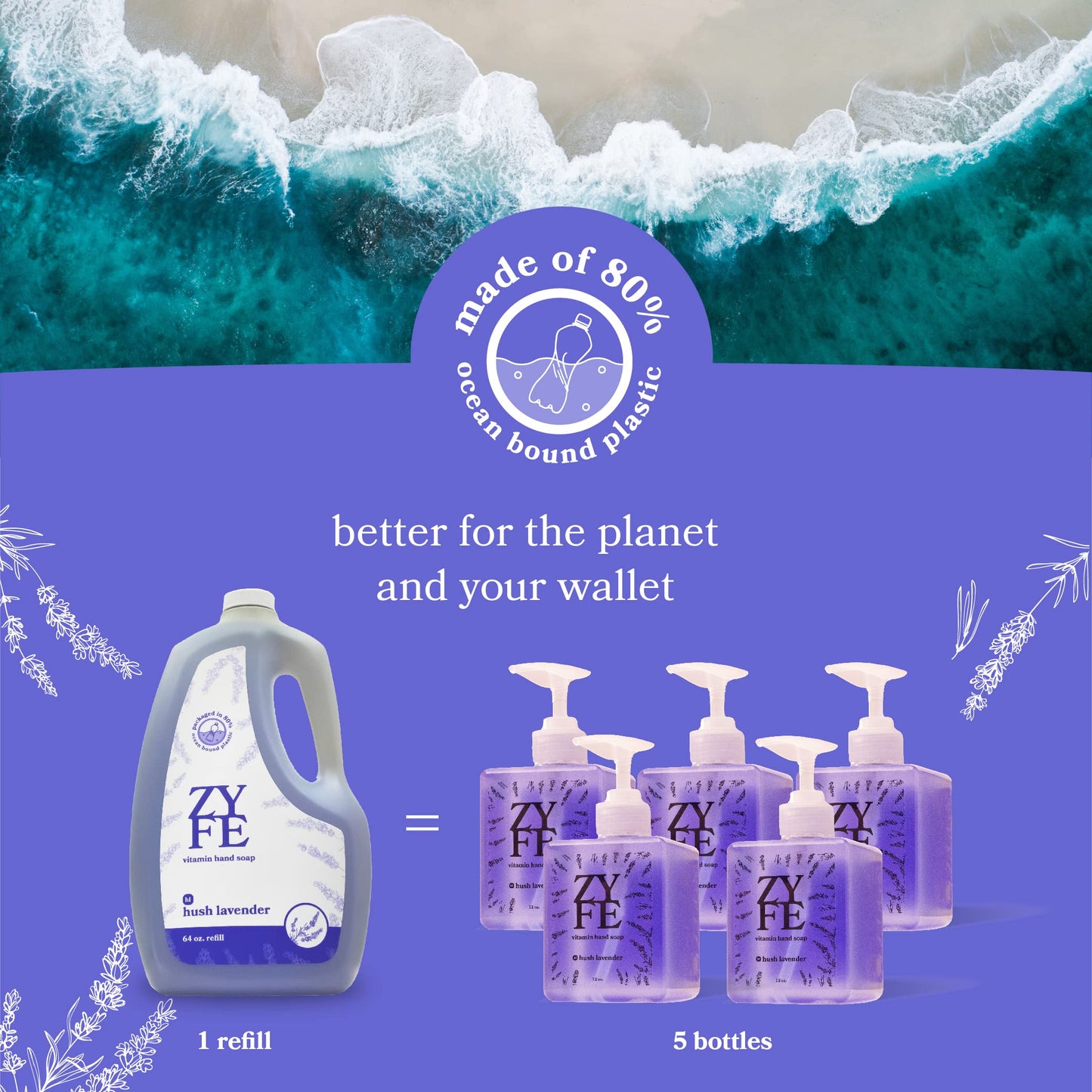 ZYFE Liquid Hand Soap Refills - Non-Toxic, Plant-Derived Vitamin Infused with Essential Oils - Kitchen Hand Soap Refill & Bathroom Essentials Handsoap Hand Wash - Hush Lavender Scent, 64oz