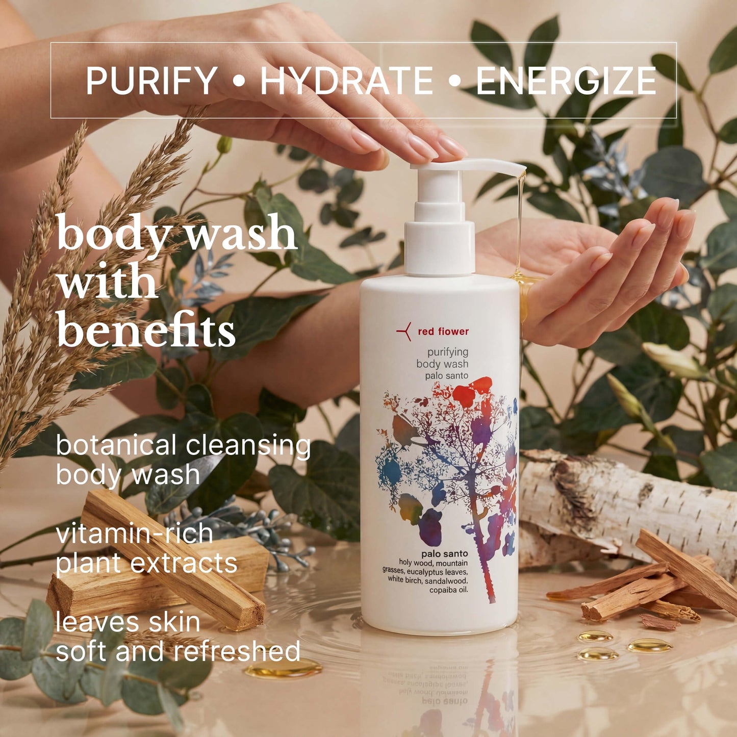 Red Flower Palo Santo Purifying Body Wash – Cleanse & Hydrate Botanical Shower Gel with Organic Fruit & Leaf Extracts for Hydrated, Radiant Skin (10 oz)