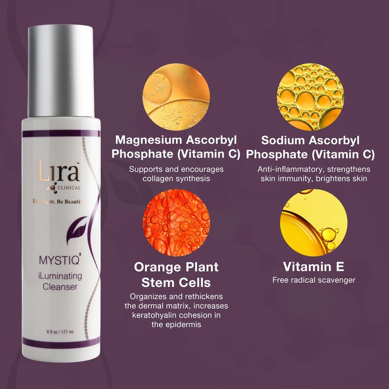 Lira Clinical MYSTIQ iLuminating Cleanser - Moisturizing Face Wash with Vitamin C, Orange Plant Stem Cells, and Plant Extracts - Gentle Facial Cleanser Supports Skin Barrier and Hydration - 6 Oz