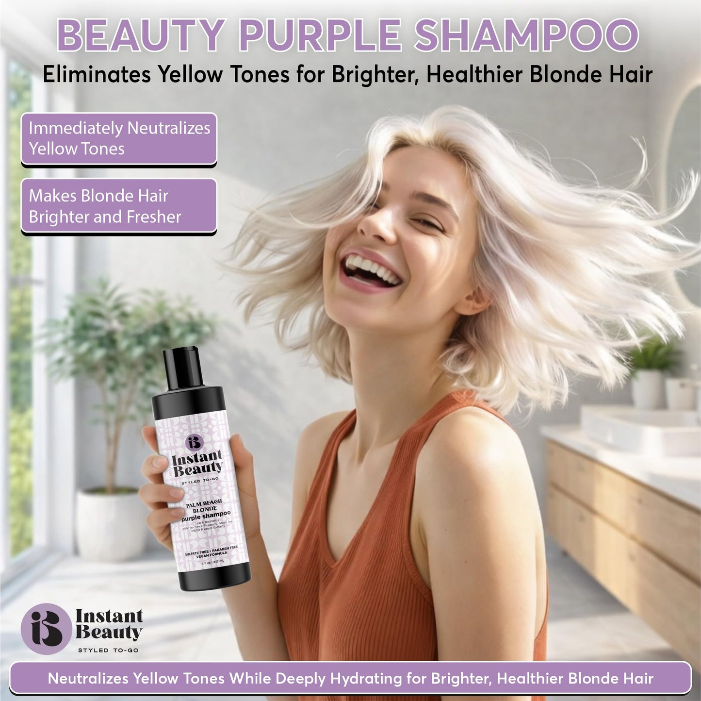 Instant Beauty, Palm Bleach Blonde Purple Shampoo, Sulfate-Free, Color Depositing for Blonde and Gray Hair
