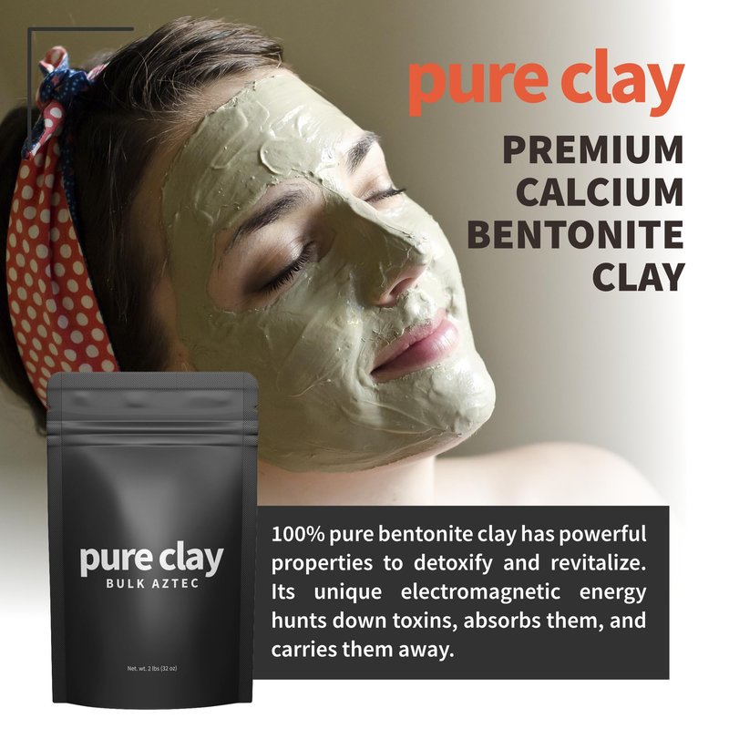 Pure Clay Bulk Aztec Organic Bentonite Clay Powder 2 lb Resealable Pouch Calcium Bentonite for Face Mask, Hair Mask, Body Wrap, Foot Bath, Bath Soak, Poultice, DIY Spa Skin Care Deep Pore Cleanse