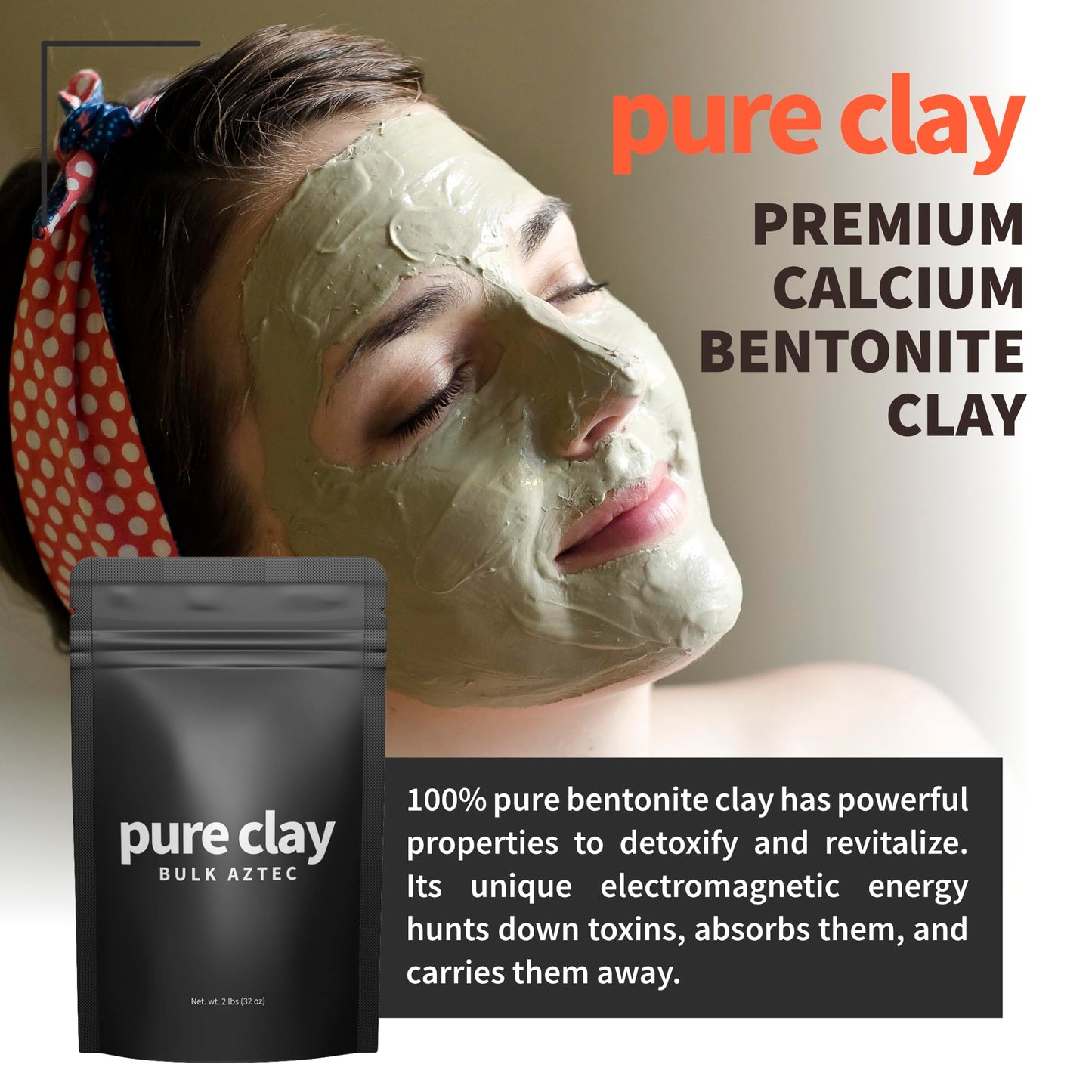 Pure Clay Bulk Aztec Organic Bentonite Clay Powder 2 lb Resealable Pouch Calcium Bentonite for Face Mask, Hair Mask, Body Wrap, Foot Bath, Bath Soak, Poultice, DIY Spa Skin Care Deep Pore Cleanse
