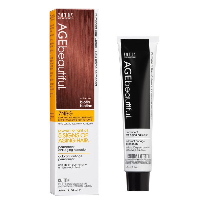 AGE beautiful Permanent Hair Color Dye Liqui Creme | 100% Gray Coverage | Anti-Aging Haircolor | Biotin for Thicker, Fuller Hair | Professional Salon Coloring | 7NRG Dark Neutral Red Golden Blonde