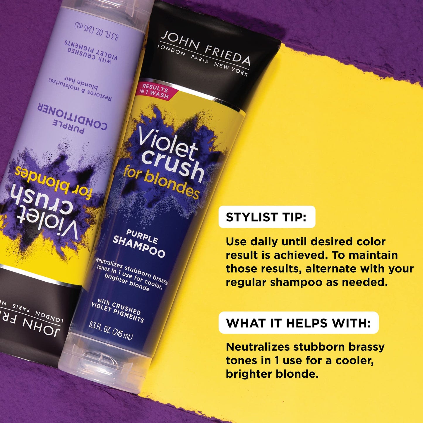 John Frieda Violet Crush Purple Shampoo and Conditioner Set for Blonde Hair, Neutralizes Yellow Tones for Bleached, Blonde, and Platinum Hair, 8.3 Oz, Pack of 2