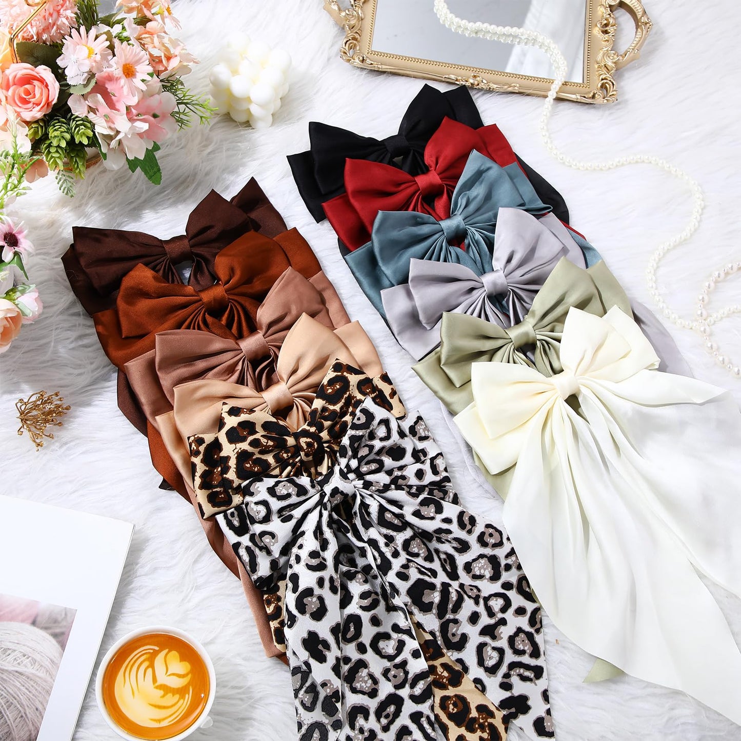 Mimorou 36 Pcs Big Hair Bows for Women Silky Satin Hair Bows Bulk Oversized Long Tail Black White Hair Bow Large Hair Ribbons Hair Clips Barrettes Bow Knot Hair Accessories Gift