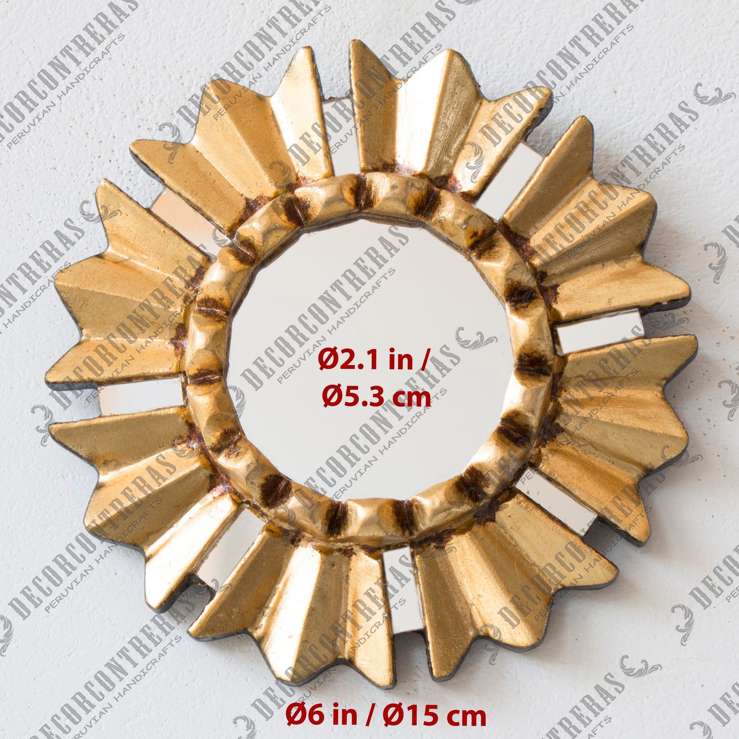 DecorContreras Small Round Wall Mirror with Bronze Leaf Frame 6in -Peruvian Sun Design - Handmade Wood Hanging Mirror Decor