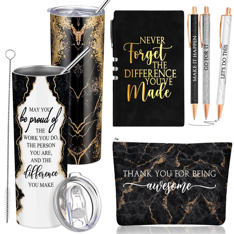 Domensi 6 Pcs Employee Appreciation Gift for Women Teacher Cna Week Thank You Gift May You Be Proud 20 oz Rustic Marble Sign Tumbler Makeup Bag Journal for Graduation Work Business(Black)
