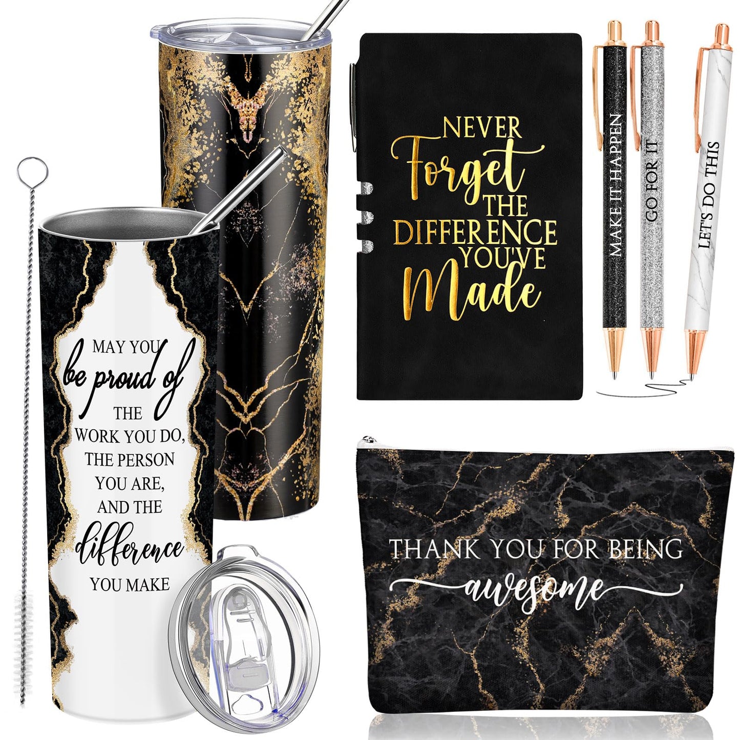 Domensi 6 Pcs CNA Week Thank You Gift Employee Appreciation Gift for Women Teacher May You Be Proud 20 oz Rustic Marble Sign Tumbler Makeup Bag Journal for Graduation Work Business(Black)