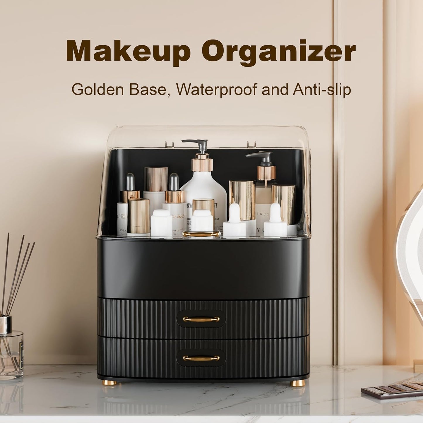 Makeup Organizer - Waterproof Dustproof Vanity with Transparent Lid & Drawers | Black Cosmetic Storage for Women & Teens