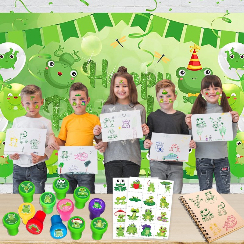 36PCS Frog Party Favors - 24PCS Pre-Cut Temporary Tattoos & 12PCS Stamps - Ideal Animal Frog Princess Themed Birthday Card Decorations Supplies Goodie Bag Cute Rewards for Boys Girls Classroom Gifts