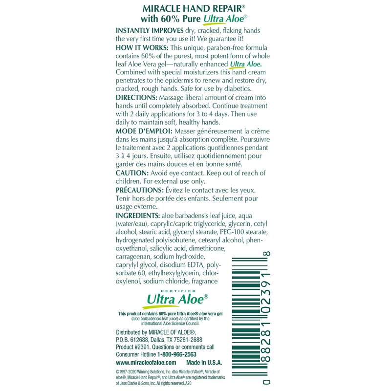 Miracle Hand Repair Cream for Dry Cracked Hands 32 oz Best Healing Hand Cream with 60% Aloe Vera - Non-Greasy Moisturizer for Working Hands - Fast Absorbing Lotion for Extremely Dry Skin