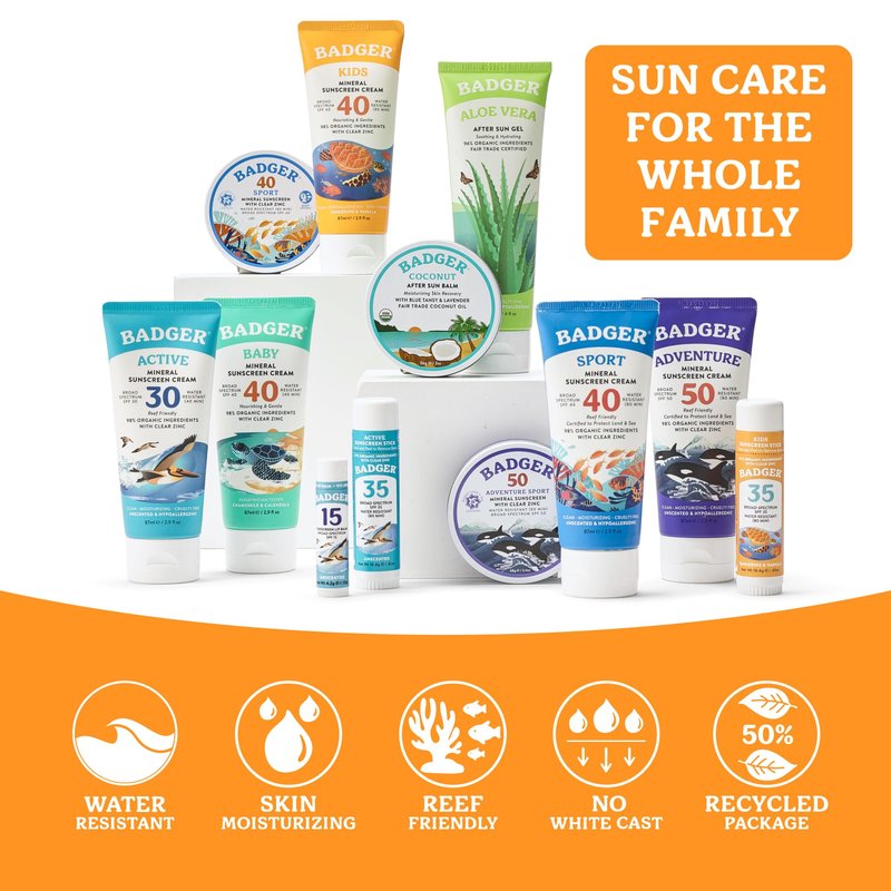 Badger Kids Mineral Sunscreen Cream SPF 40, 98% Organic Ingredients, Zinc Oxide Sunscreen for Kids Face & Body, Water Resistant, Reef Friendly, Hawaii Approved Sunblock, 2.9 fl oz, 2-Pack