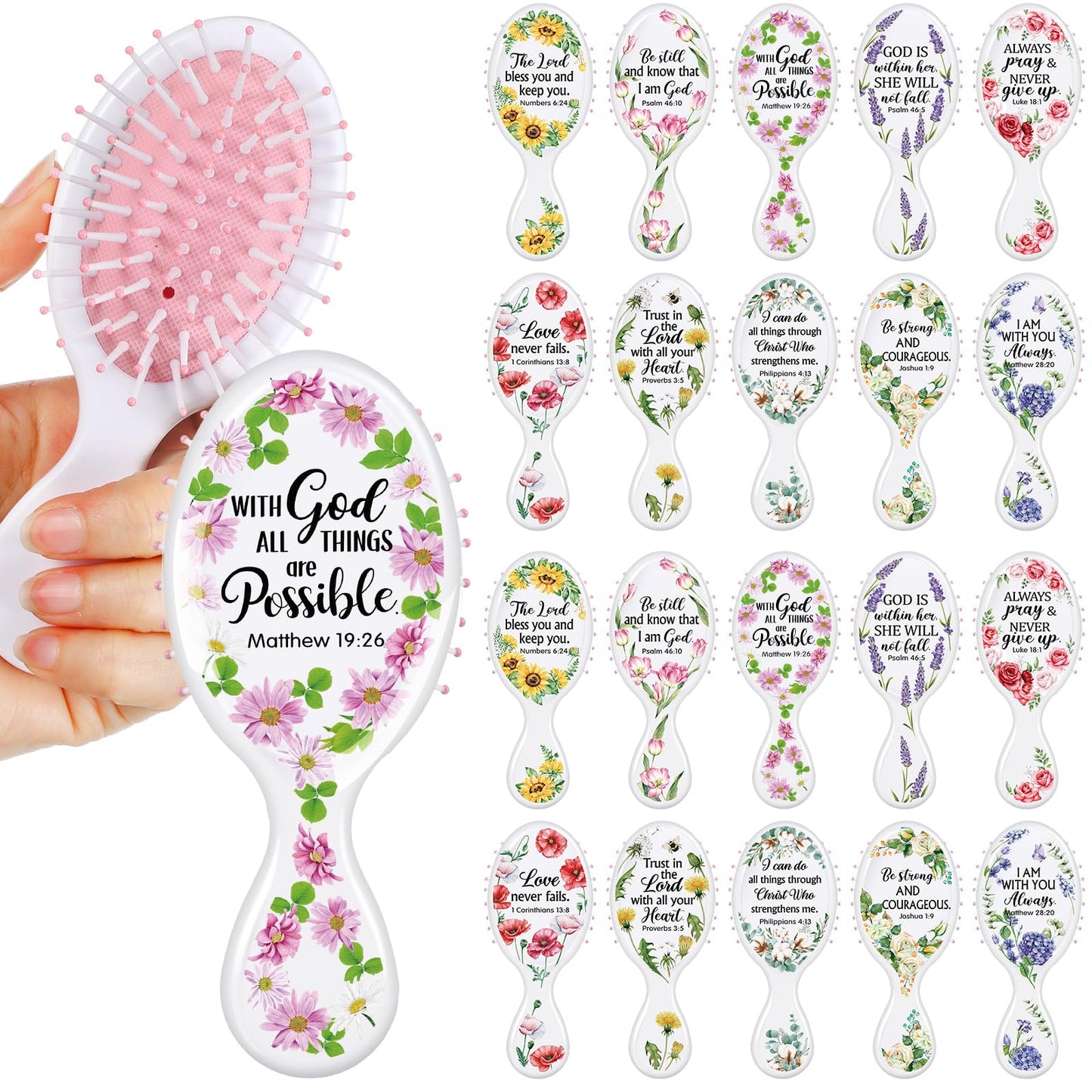 Meanplan 20 Pcs Bible Verse Mini Hair Brush for Women Inspirational Mini Hair Brush Bulk for Christmas Gifts with Ease Knots Without Tears or Breakage