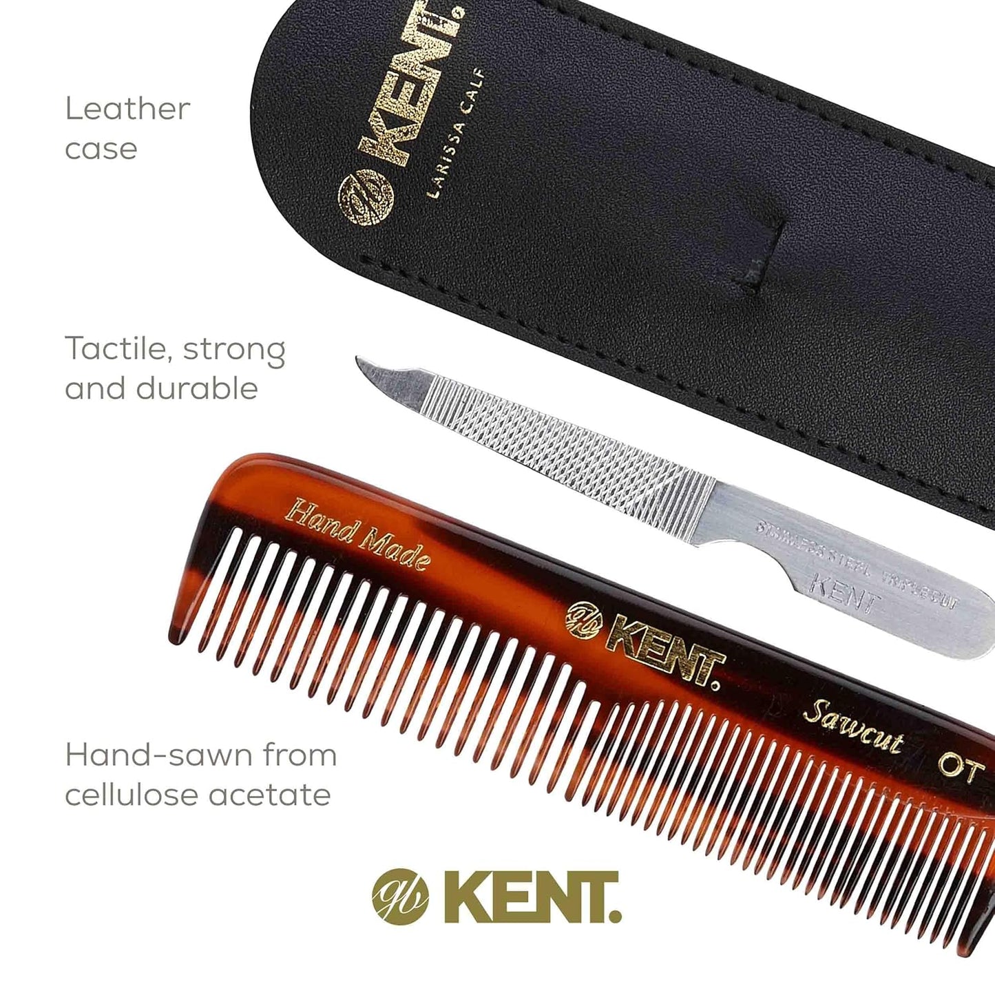 Kent Gift Set NU19 | Fine & Wide Tooth Pocket Comb for Hair, Mustache & Beard | Travel Set with Leather Pouch & Nail File