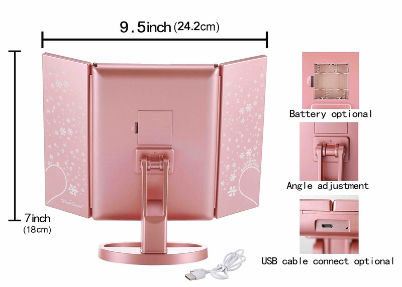 Miss Sweet Lighted Trifold Makeup Mirror Tabletop Mirror Vanity Mirror for Beauty Makeup (A Rose Gold)