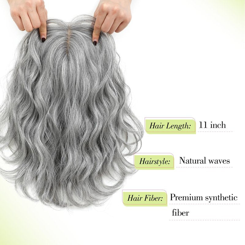 Ms Taj 11 Inch Short Wavy Salt and Pepper Hair Topper for Women with Thinning Hair, Natural Synthetic Lightweight Hairpiece for Women with 6.5"x6.5" Base, Instantly Adds Volume（Silver Grey）