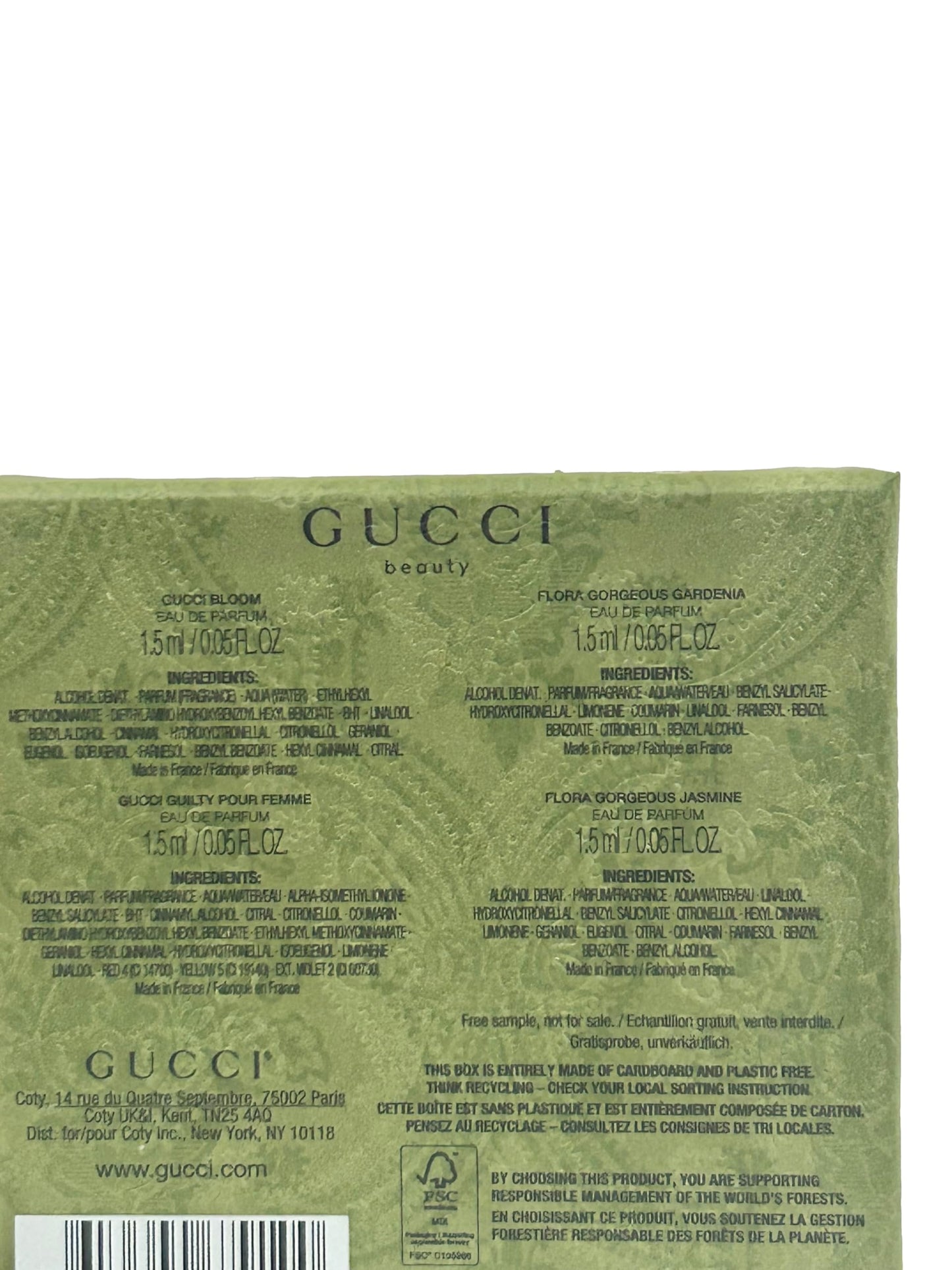 Gucci Sample Perfume WOMEN GIFT SET Bloom, Guilty Pour Femme, Flora Gorgeous Gardenia Flora Gorgeous Jasmine - 1.5 ml / 0.05 oz - set of 4 spray samples (9100)