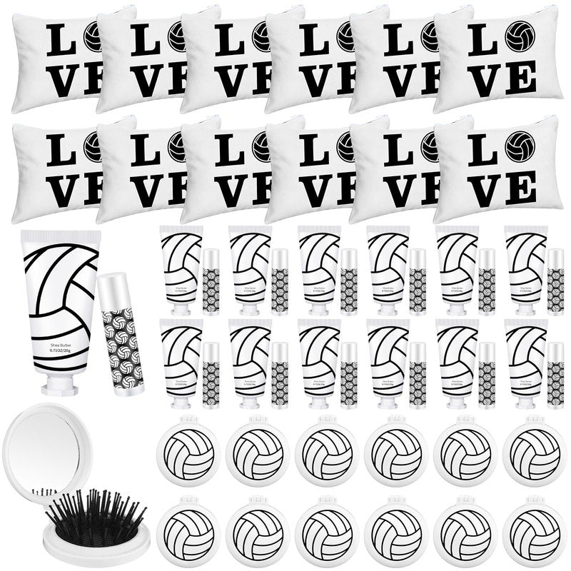 LemonRoad 48 Pcs Volleyball Lip Balm Hand Cream Makeup Bag Bulk Set Volleyball Party Favors Sport Ball Lipstick Hand Cream Cosmetic Bag for Team Gifts Sports Party Supplies Players Teen Girls Gifts