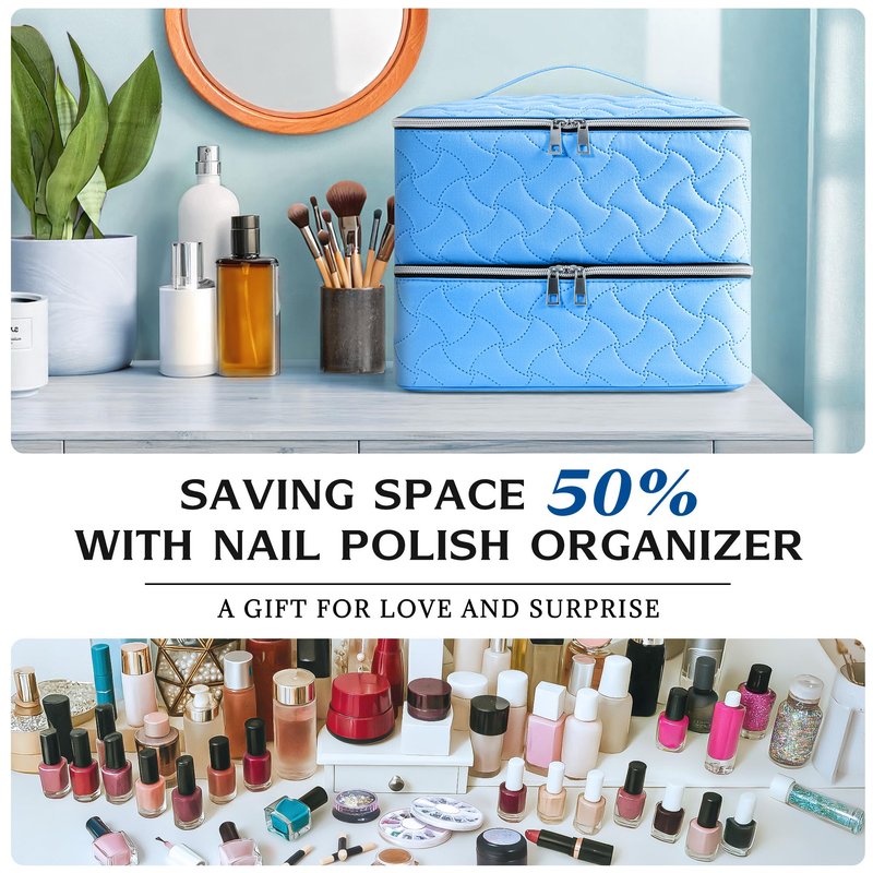 DreamGenius Nail Polish Organizer Case Holds 42 Bottles, Portable Double-Layer Nail Polish Storage Bag with Adjustable Dividers for Manicure Tools, Light Blue