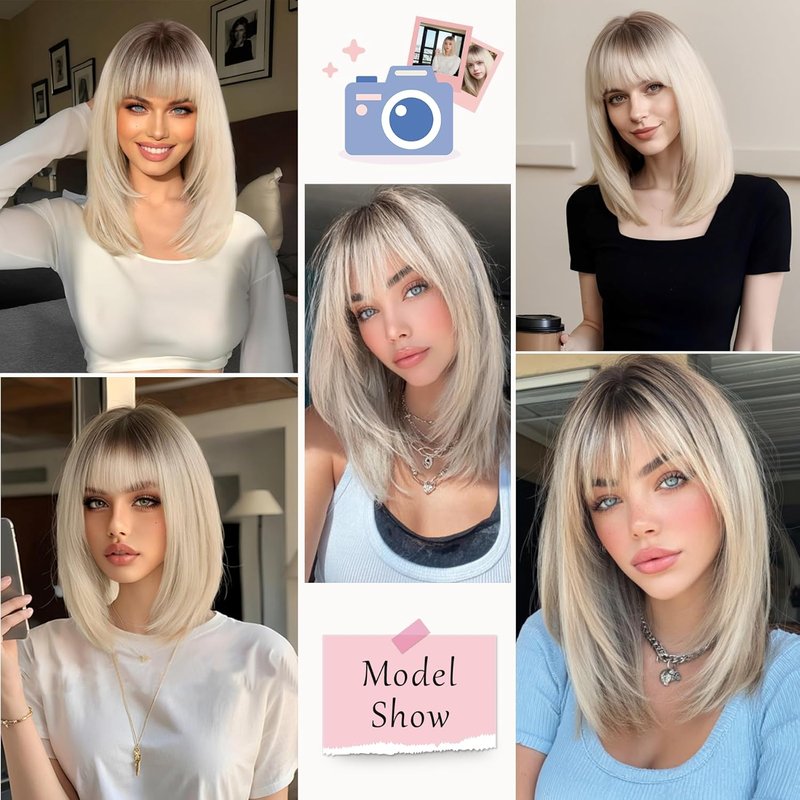 Blonde Bob Wig with Bangs - Ombre Synthetic Hair | 14-Inch Layered Short Straight Wig for Cosplay & Daily Wear