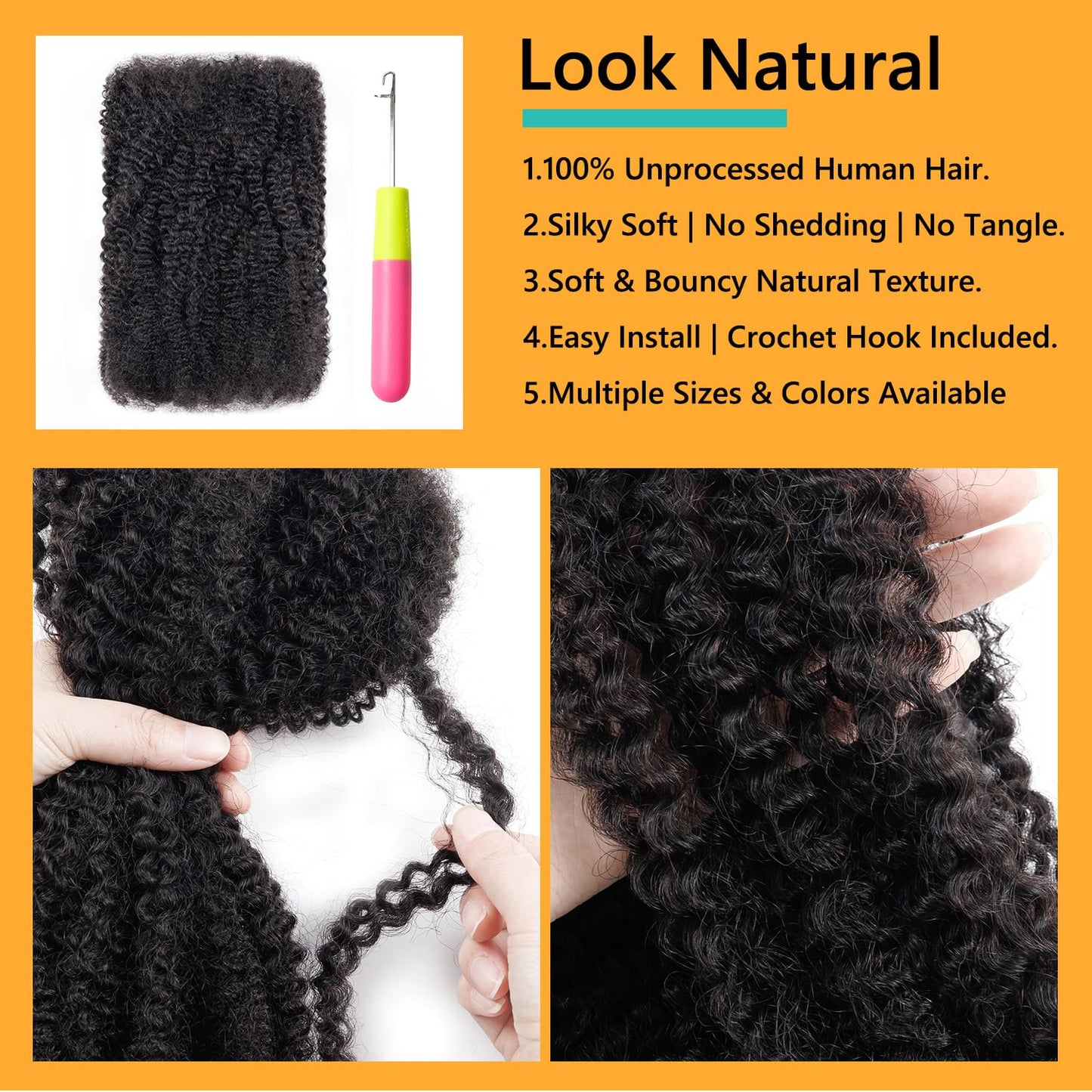 EV&ET Pre-sretched Afro Kinkys Bulk Human Hair Human Hair for Locs/Twists/Braids/Repair Locs Afro Kinky Curly Bulk Can Bleach And Dye (Natural black, 12inch 50g)