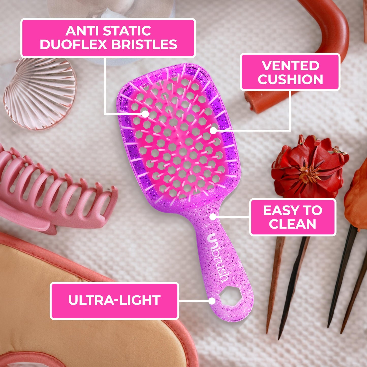 FHI Heat UNbrush Mini Detangler Brush for Pain-Free Brushing on All Wet or Dry Hair Types — Durable Duoflex Anti-Static Bristles, Lightweight Handle, Vented Mini Hair Brush, Rose Quartz Pink