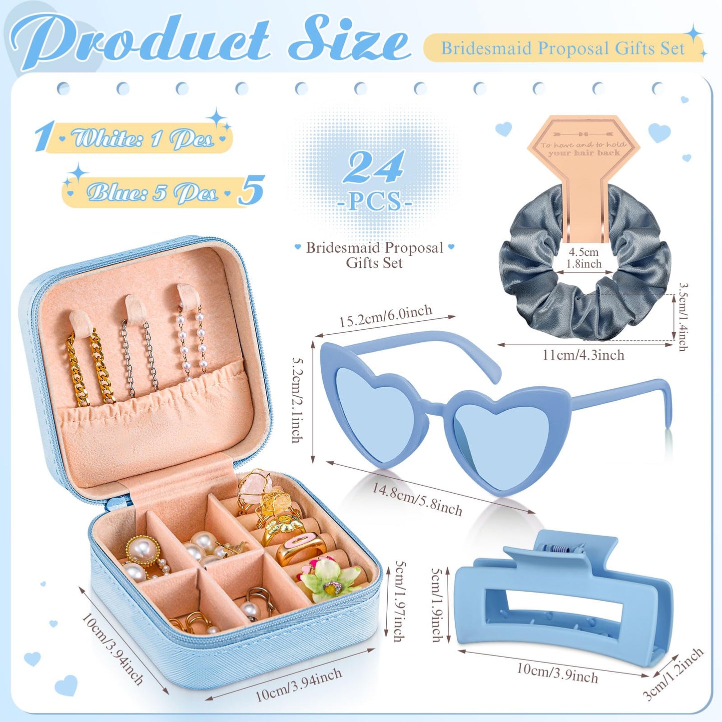 Hotop 24 Pcs Bridesmaid Proposal Gifts Set, 6 Mini Jewelry Box, 6 Satin Bridesmaid Scrunchies, 6 Bachelorette Sunglasses, 6 Square Hair Clips for Bridal Shower Wedding Party Favors (White, Blue)