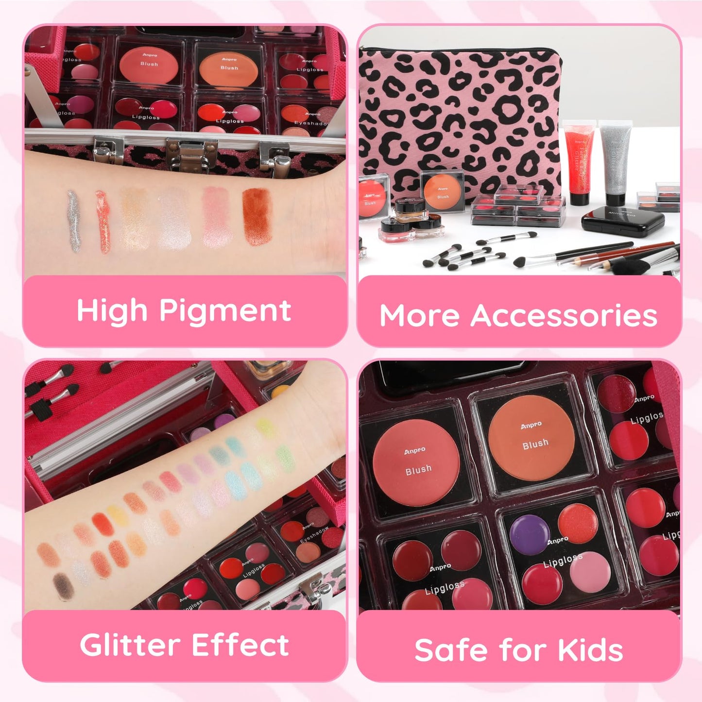 Anpro All-In-One Leopord Double Folding Makeup Kit with Case, Pro Teen Makeup Set, Full Starter Kit with Makeup Brushes, Lipsticks, Eyeshadow Palette, Blushes, Glitter Gel, Ideal Present for Girls