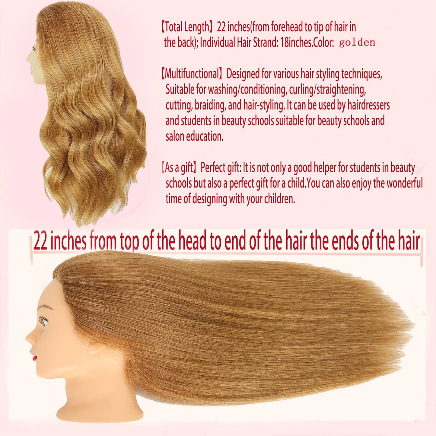 Female Mannequin Head With100% Real Hair Blonde Cosmetology Mannequin Head Hair Styling Hairdressing Practice Training Head Cosmetology Manikin Head Doll Head for Hairdresser with Clamp